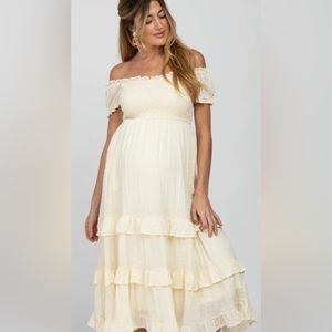 PinkBlush Maternity Ivory Smocked Ruffle Maternity Midi Dress size Large